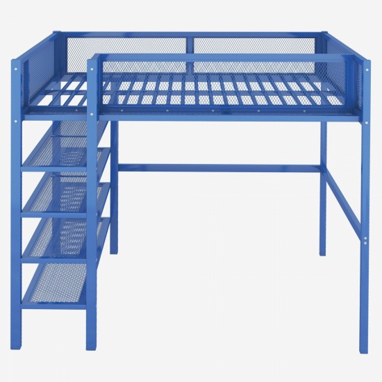 Full Size Metal Loft Bed with 4-Tier Shelves and Storage, Blue