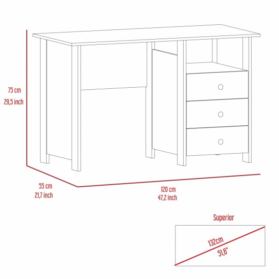 Bianco Writing Computer Desk, Three Drawers, One Shelf