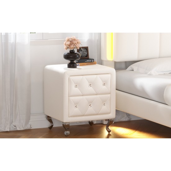 Elegant PU Nightstand with 2 Drawers and Crystal Handle,Fully Assembled Except Legs&Handles,Storage Bedside Table with Metal Legs - White