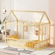 Twin Size Floor Wooden Bed with House Roof Frame and Safety Guardrails,Natural(Expect Arrival Date 2024.7.31)