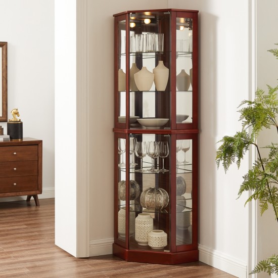 6 Shelf Corner Curio Display Cabinet with Lights, Mirrors and Adjustable Shelves, Cherry(E26 light bulb not included)