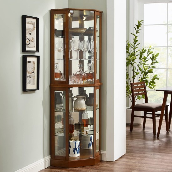 6 Shelf Corner Curio Display Cabinet with Lights, Mirrors and Adjustable Shelves, Walnut(E26 light bulb not included)