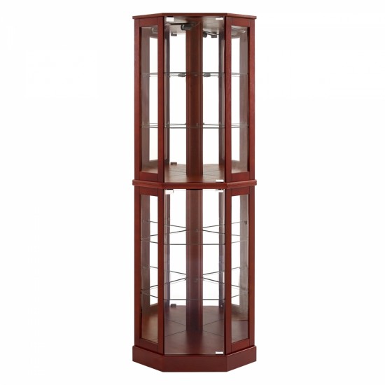 6 Shelf Corner Curio Display Cabinet with Lights, Mirrors and Adjustable Shelves, Cherry(E26 light bulb not included)