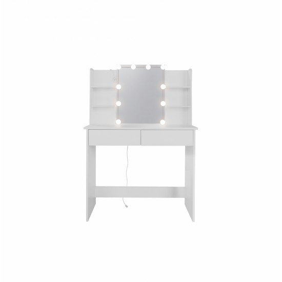 Makeup Vanity Desk With LED Lighted Mirror ,Dressing Table Set With 2 Large Drawers 10 LED Light ,White Color