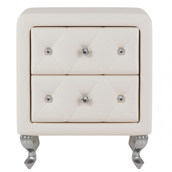 Elegant PU Nightstand with 2 Drawers and Crystal Handle,Fully Assembled Except Legs&Handles,Storage Bedside Table with Metal Legs - White