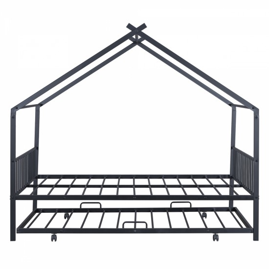 Full Size Metal House Bed with Twin Size Trundle, Black