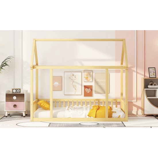 Twin Size Floor Wooden Bed with House Roof Frame and Safety Guardrails,Natural(Expect Arrival Date 2024.7.31)