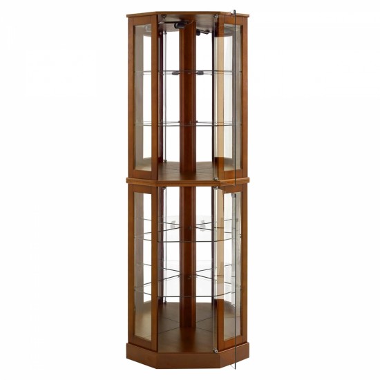 6 Shelf Corner Curio Display Cabinet with Lights, Mirrors and Adjustable Shelves, Walnut(E26 light bulb not included)