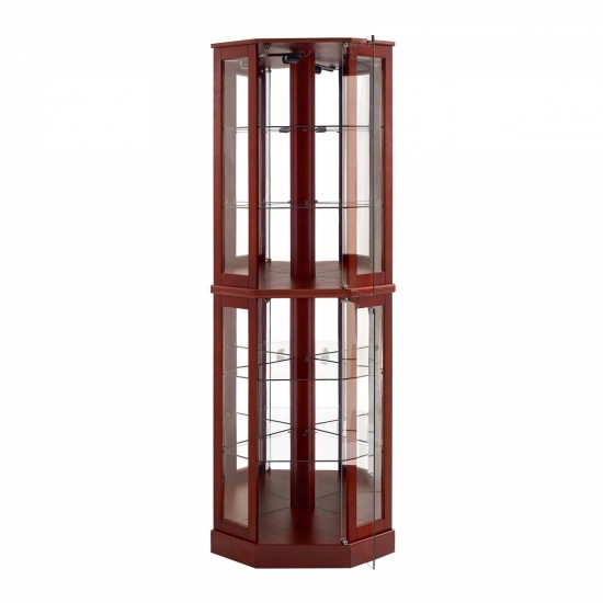 6 Shelf Corner Curio Display Cabinet with Lights, Mirrors and Adjustable Shelves, Cherry(E26 light bulb not included)