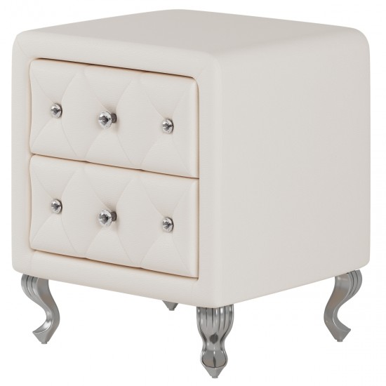 Elegant PU Nightstand with 2 Drawers and Crystal Handle,Fully Assembled Except Legs&Handles,Storage Bedside Table with Metal Legs - White