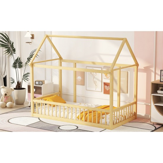 Twin Size Floor Wooden Bed with House Roof Frame and Safety Guardrails,Natural(Expect Arrival Date 2024.7.31)