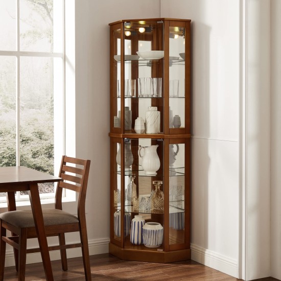 6 Shelf Corner Curio Display Cabinet with Lights, Mirrors and Adjustable Shelves, Walnut(E26 light bulb not included)