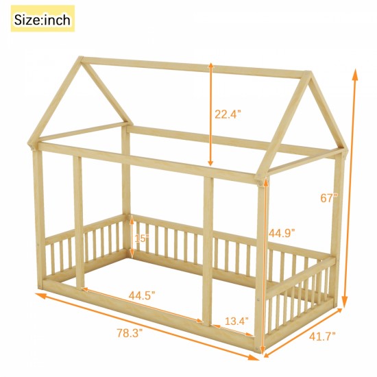 Twin Size Floor Wooden Bed with House Roof Frame and Safety Guardrails,Natural(Expect Arrival Date 2024.7.31)