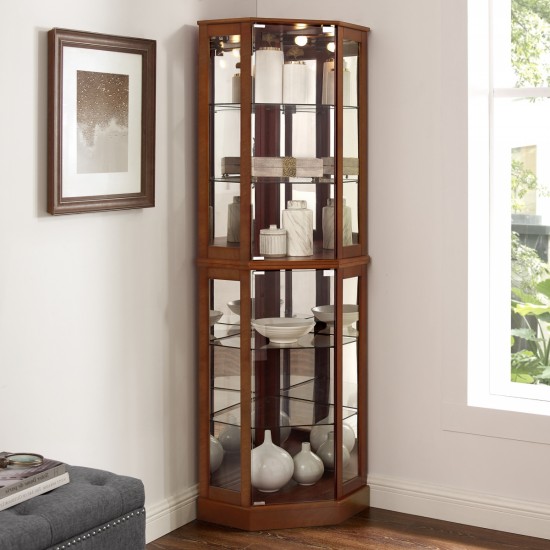 6 Shelf Corner Curio Display Cabinet with Lights, Mirrors and Adjustable Shelves, Walnut(E26 light bulb not included)