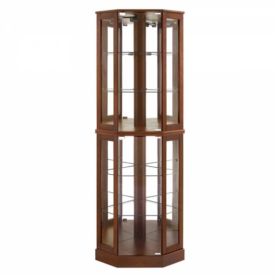 6 Shelf Corner Curio Display Cabinet with Lights, Mirrors and Adjustable Shelves, Walnut(E26 light bulb not included)