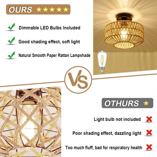 Boho Light Fixtures Ceiling Mount,Mini Rattan Chandelier Light Fixture with Dimmable LED Bulb,Hand Woven Ceiling Light Fixtures Flush Mount for Hallway Bedroom Kitchen Entryway Living Room