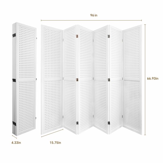 6 Panel Room Divider, 5.6Ft Pegboard Display Wooden Room Divider Folding Privacy Screen Room Divider Freestanding Peg Board Display for Trade Show Craft Show Home Wall Organizer,Elegant White