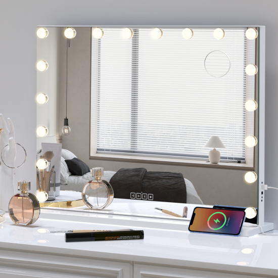 Hollywood Vanity Mirror with Speaker and Lights: 18 Bulbs, 3 Light Colors, Adjustable Brightness, USB Charging Port - Tabletop or Wall Mountable Beauty Mirror for Bedroom