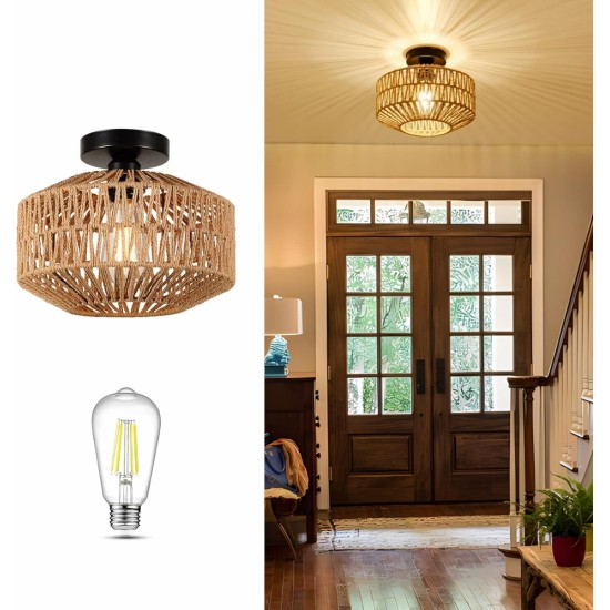 Boho Light Fixtures Ceiling Mount,Mini Rattan Chandelier Light Fixture with Dimmable LED Bulb,Hand Woven Ceiling Light Fixtures Flush Mount for Hallway Bedroom Kitchen Entryway Living Room