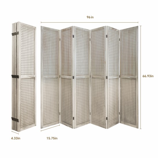 6 Panel Room Divider, 5.6Ft Pegboard Display Wooden Room Divider Folding Privacy Screen Room Divider Freestanding Peg Board Display for Trade Show Craft Show Home Wall Organizer, Natural Wood