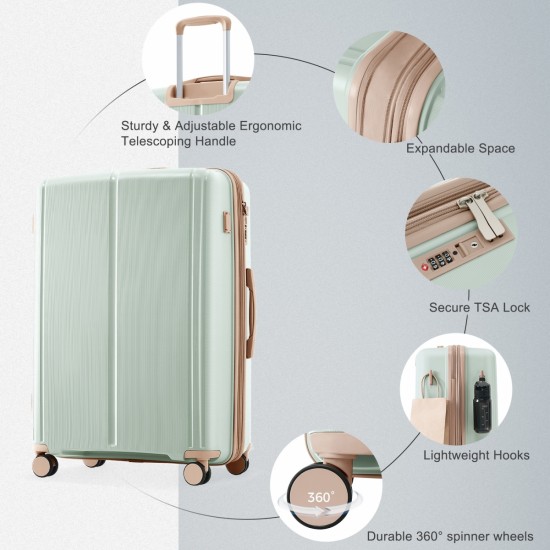 Luggage Sets 3 Piece Suitcase Set 20/24/28 with USB Port,Carry on Luggage Airline Approved,PP Lightweight Suitcase with Spinner Wheels,grey green and golden