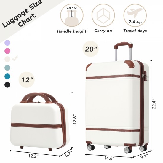 20 IN Hardside Luggage with Cosmetic Case , 2 Piece Lightweight Suitcase Set with Spinner Wheels, Carry on Vintage Luggage,White