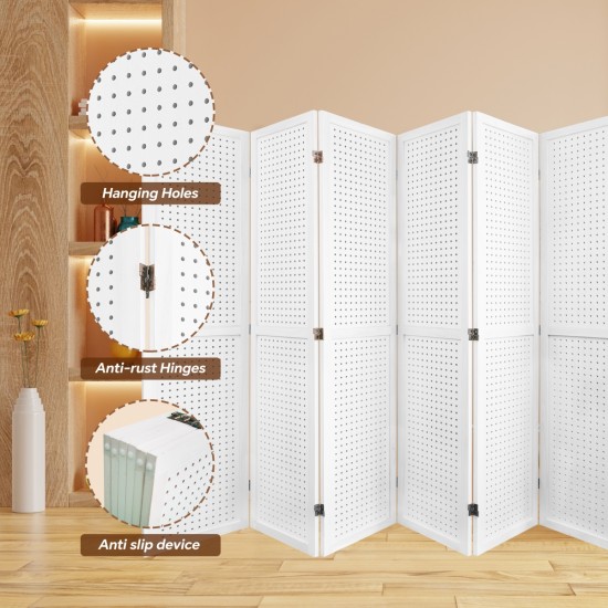 6 Panel Room Divider, 5.6Ft Pegboard Display Wooden Room Divider Folding Privacy Screen Room Divider Freestanding Peg Board Display for Trade Show Craft Show Home Wall Organizer,Elegant White