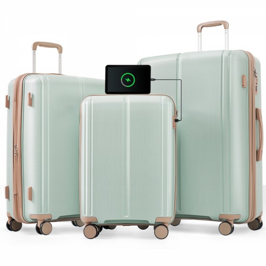 Luggage Sets 3 Piece Suitcase Set 20/24/28 with USB Port,Carry on Luggage Airline Approved,PP Lightweight Suitcase with Spinner Wheels,grey green and golden