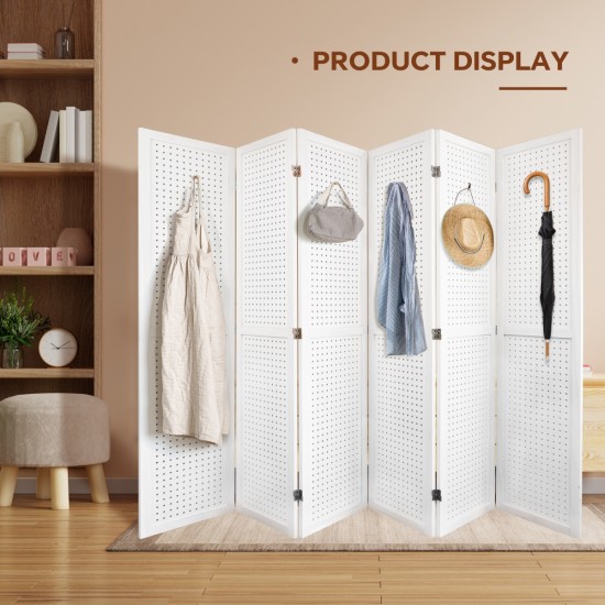 6 Panel Room Divider, 5.6Ft Pegboard Display Wooden Room Divider Folding Privacy Screen Room Divider Freestanding Peg Board Display for Trade Show Craft Show Home Wall Organizer,Elegant White