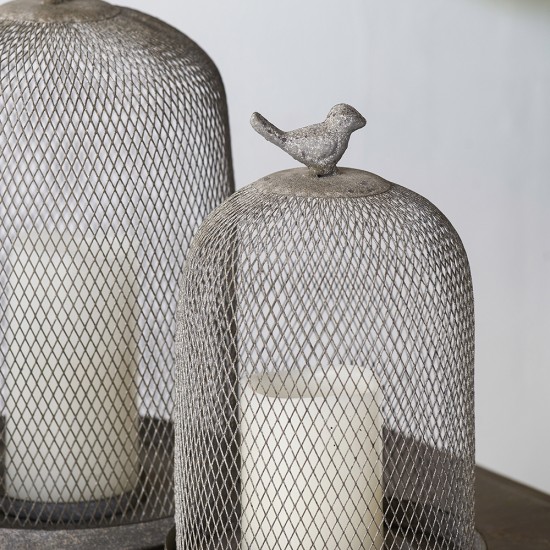 Set of 2 Ophira Sparrow Antique Gray Mesh Candle Holders, L: D8.5x13 Inch  S: D7x10 Inch