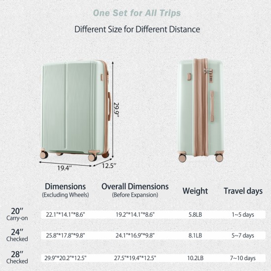 Luggage Sets 3 Piece Suitcase Set 20/24/28 with USB Port,Carry on Luggage Airline Approved,PP Lightweight Suitcase with Spinner Wheels,grey green and golden