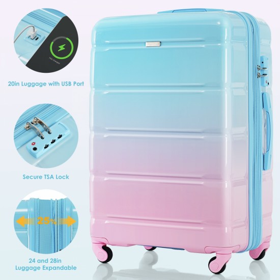 Luggage Set of 3, 20-inch with USB Port, Airline Certified Carry-on Luggage with Cup Holder, ABS+PC Hard Shell Luggage with Spinner Wheels, light blue