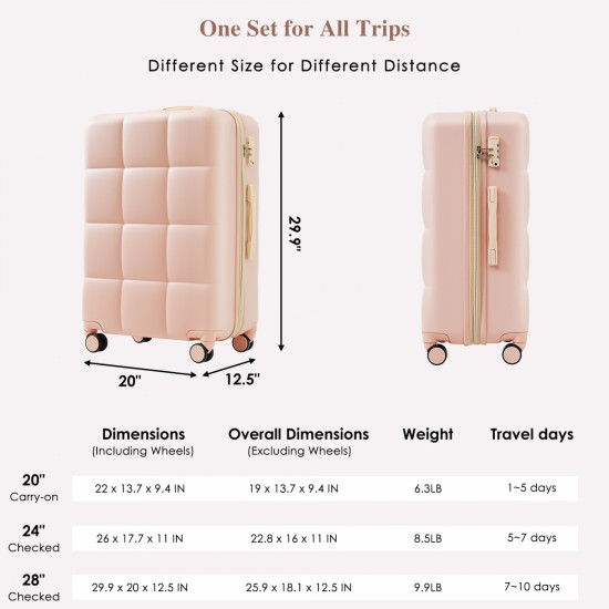 Luggage Set of 3, 20-inch with USB Port, Airline Certified Carry-on Luggage with Cup Holder, ABS Hard Shell Luggage with Spinner Wheels, pink