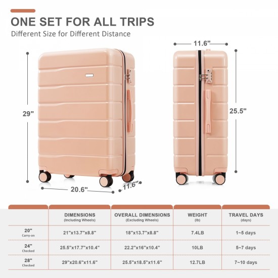 Luggage Sets 4 Piece, ABS Durable Suitcase with Travel Bag, ABS Hard Shell Luggage with Spinner Wheels, pink