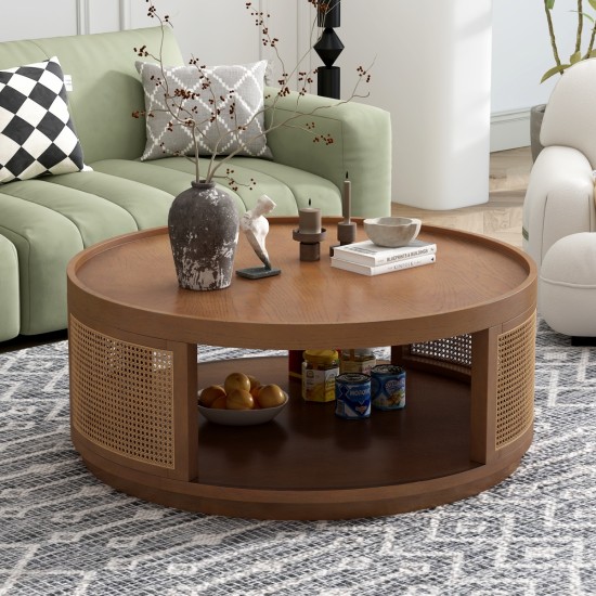 U-Can 37'' Wooden Mid-Century Modern Coffee Table, Round Cane Coffee Table with PE Rattan Side for Living Room,Brown