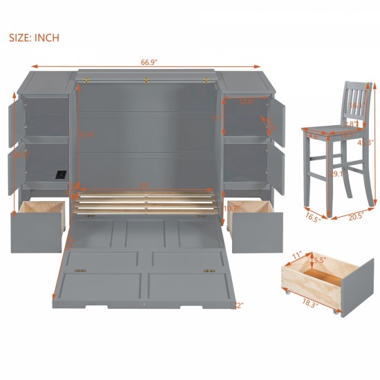 Twin Size Murphy Bed with Drawers, Cabinets and USB Ports,Gray