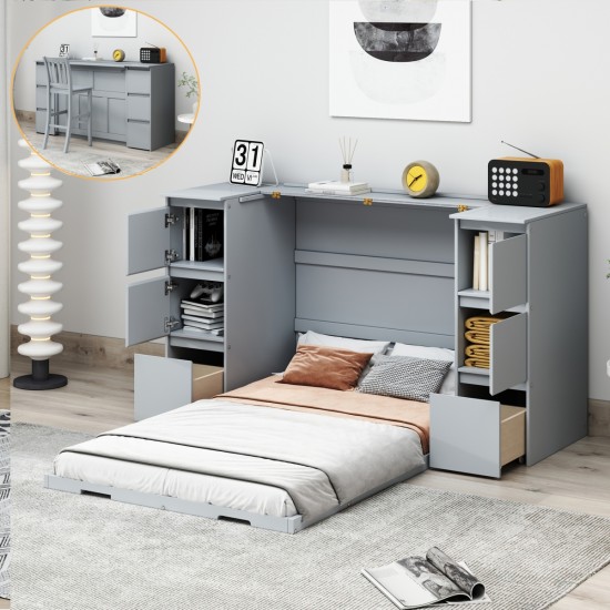 Twin Size Murphy Bed with Drawers, Cabinets and USB Ports,Gray