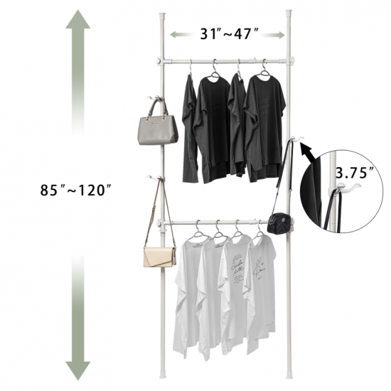 Telescopic Garment Rack, Heavy Duty Design Movable DIY By Hand No Damage to Wall Ceiling Hanging Rail, 31-47in Wide Adjustable, 120 Kilogram Loading, Reach Hook Included, White