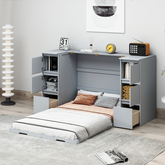 Twin Size Murphy Bed with Drawers, Cabinets and USB Ports,Gray