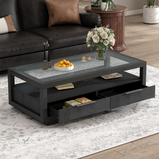 U-Can Modern Wood Coffee Table with 2 Drawers ,Minimalist Display Coffee Table with Transparent Tempered Glass, Open Storage Shelf for Living Room