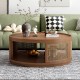 U-Can 37'' Wooden Mid-Century Modern Coffee Table, Round Cane Coffee Table with PE Rattan Side for Living Room,Brown