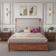 Queen Size Bed Frame with Upholstered Headboard, Queen Bed Frame with Charging Station and LED Lights, Wood Slats, Beige Linen,  No Box Spring Needed, Easy Assembly