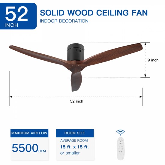 52 Inch YUHAO Farmhouse Rustic Ceiling Fan without Light - Matte Black with Solid Wood Blade