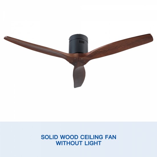 52 Inch YUHAO Farmhouse Rustic Ceiling Fan without Light - Matte Black with Solid Wood Blade