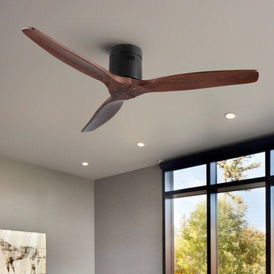 52 Inch YUHAO Farmhouse Rustic Ceiling Fan without Light - Matte Black with Solid Wood Blade