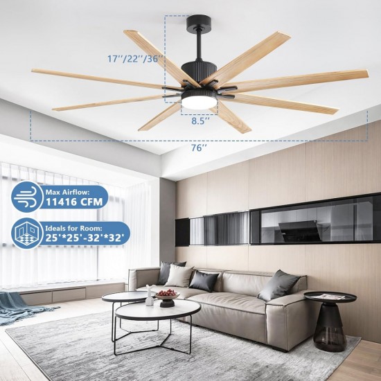 76 Inch Indoor Ceiling Fan With Dimmable 3 Color Led Light 8 Solid Wood Blades Remote Control Reversible DC Motor Black For Home