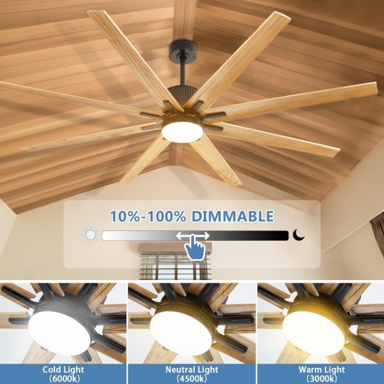 76 Inch Indoor Ceiling Fan With Dimmable 3 Color Led Light 8 Solid Wood Blades Remote Control Reversible DC Motor Black For Home