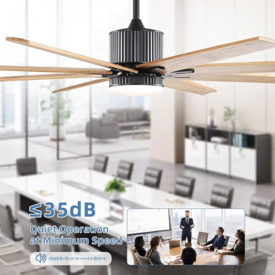 76 Inch Indoor Ceiling Fan With Dimmable 3 Color Led Light 8 Solid Wood Blades Remote Control Reversible DC Motor Black For Home