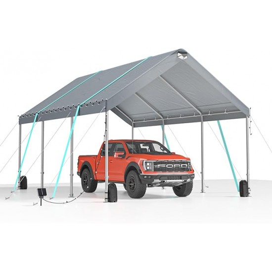 Sannwsg 10 * 20 Heavy Duty Carport Canopy - Extra Large Portable Car Tent Garage with Adjustable Peak Height from 9.5ft to 11ft,Removable Roof &Side Walls for Car, SUV,Boats