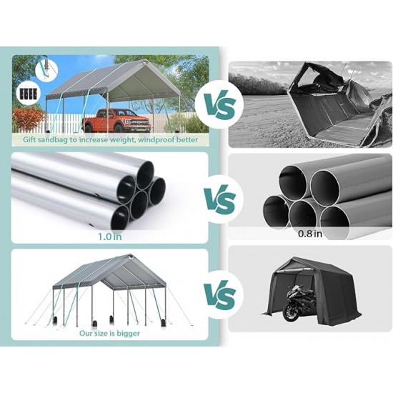 Sannwsg 10 * 20 Heavy Duty Carport Canopy - Extra Large Portable Car Tent Garage with Adjustable Peak Height from 9.5ft to 11ft,Removable Roof &Side Walls for Car, SUV,Boats